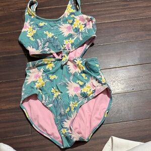Art Class Floral Kids Swim One Piece - Teal and Pink